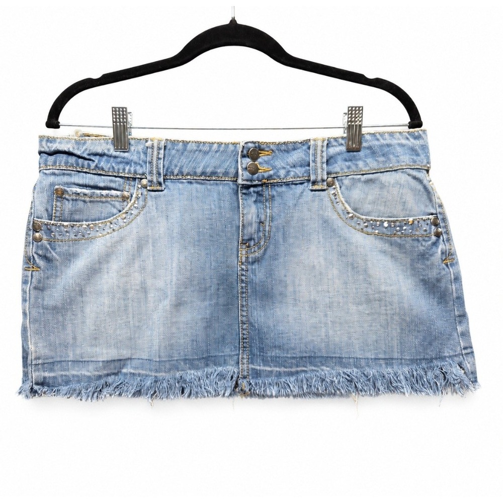 Jordache Denim Micro Mini Skirt 9/10 Blue Rhinestone Studded Raw Hem VTG Y2K Low